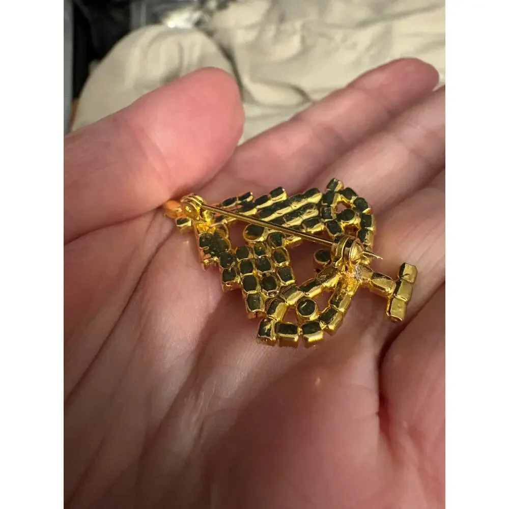 Vintage Rhinestone Christmas Tree Brooch Gold Tone 2”